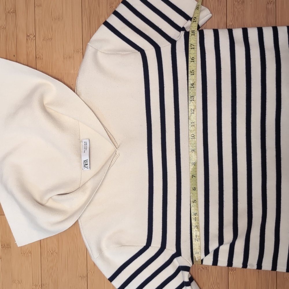 Zara Striped Knit Mini Dress Small Sailor Lapel Collar Pockets Cream Navy Costal - Picture 11 of 16
